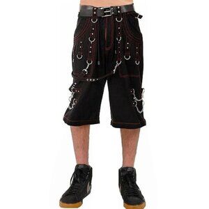 Men Gothic Handmade Bondage Cyber Red Thread Shorts Metal Studs USA